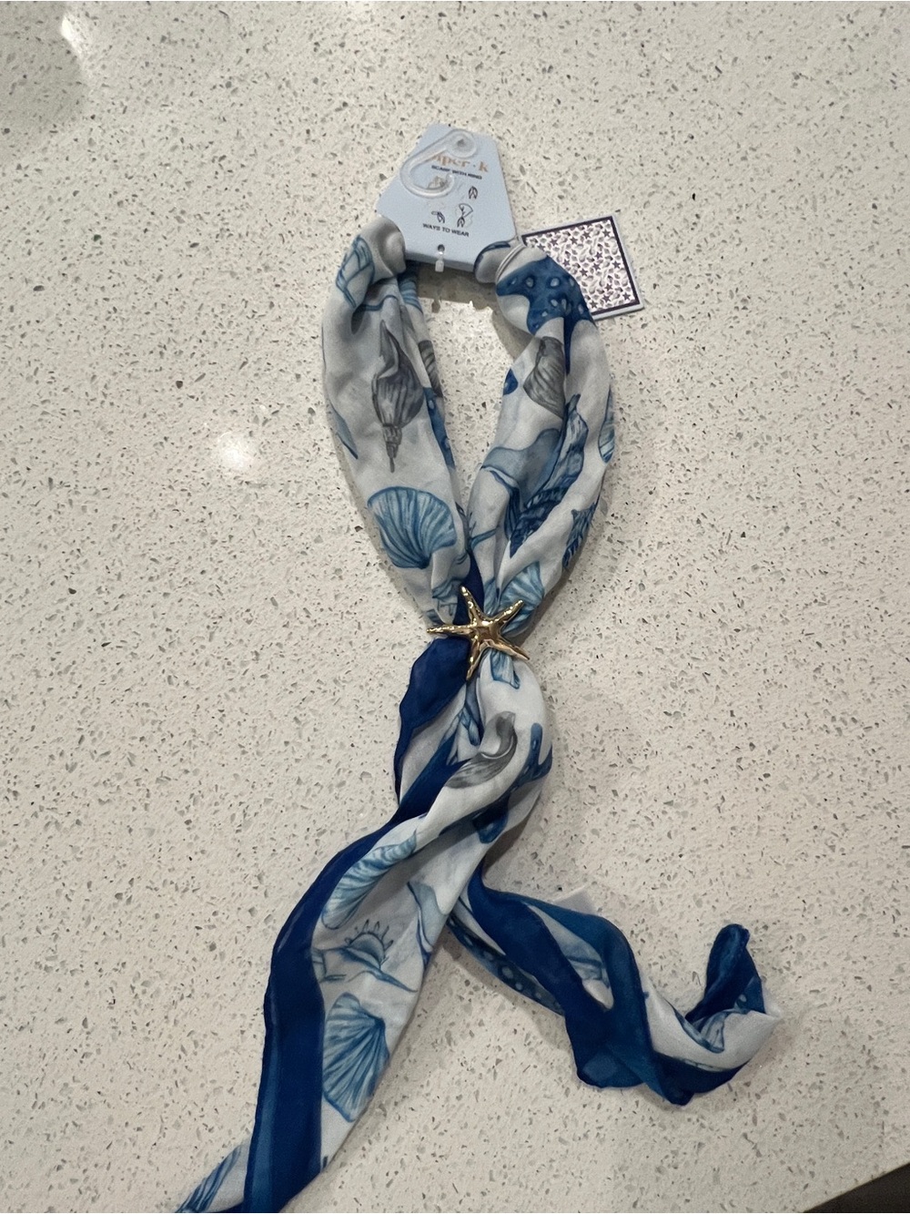 Piper K Blue Shell-Print Scarf with Gold Starfish Accent